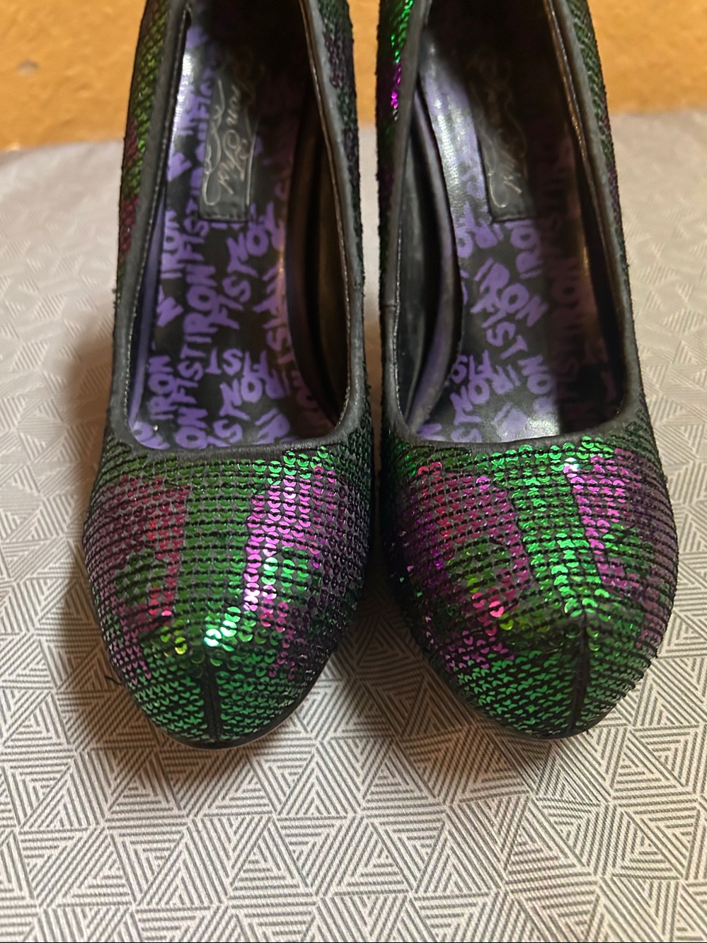 Iron Fist Green & Purple Sequin Skull Heels - Picture 4 of 6